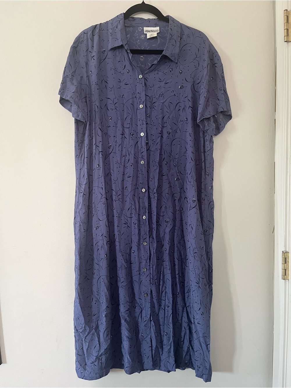 Vintage Blue Ditsy Floral Midi Shirt Dress 12 Button Front Cottagecore Summer